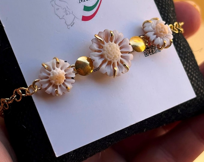 Handmade Floral Shell Cameo Bracelet, Freshwater Pearl, Artisan Jewelry