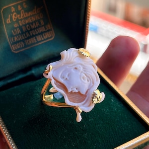 Puede incluir: Un anillo de oro con un camafeo de concha blanca tallada de forma abstracta y orgánica. El camafeo presenta pequeños detalles dorados texturizados en forma de hoja y está montado sobre una banda fina de oro pulido, dentro de un estuche de terciopelo verde.