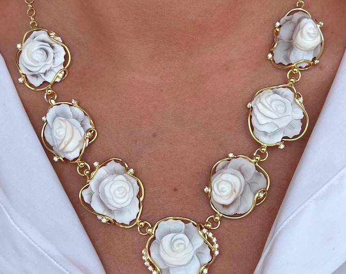 Birth flower cameo necklace, handmade Italian rose cameos, wedding jewelry