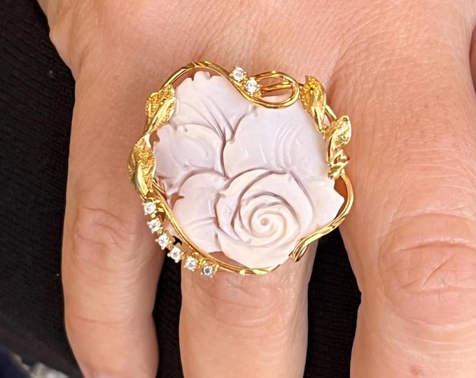 Hand Carved Coral Flower Ring: Italian Sterling Silver Floral Jewelry