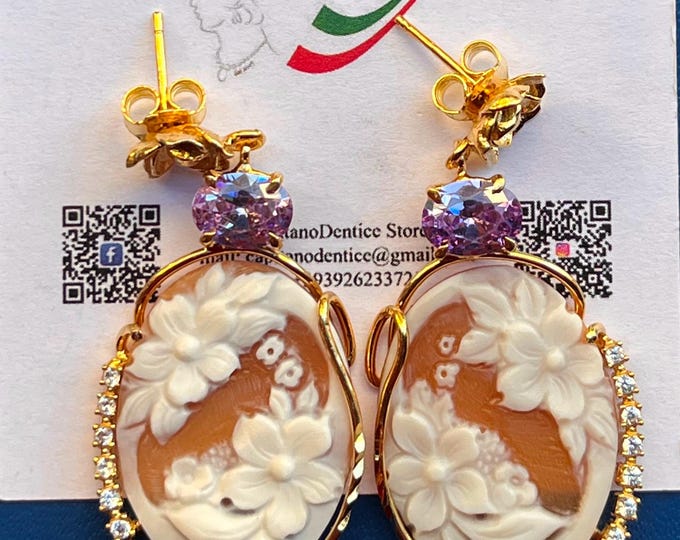 Orecchini Pendenti con Cammeo Floreale, Ametista e Zirconi –  Oro 18K – Lusso Made in Italy