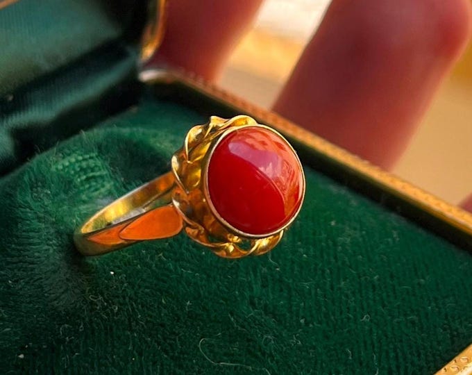 Handmade Red Coral Ring, 18k Gold Plated Sterling Silver, Italy