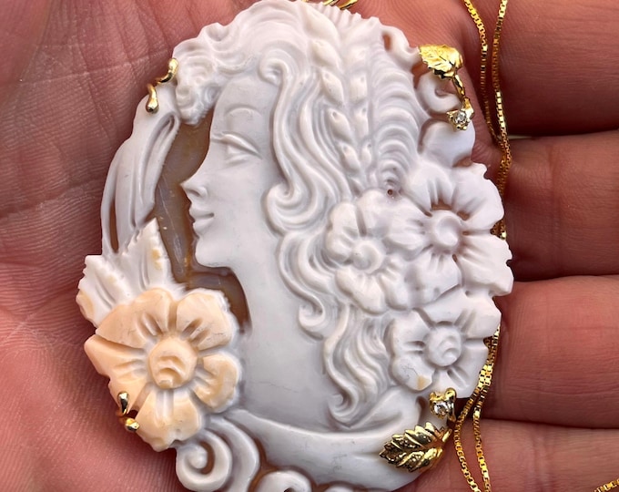 Hand Carved Shell Cameo Pendant – Woman Among Flowers, 18K Gold Vermeil 925 Silver, Elegant Gift for Her, Italian Handmade
