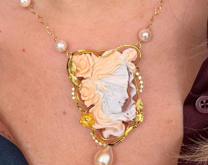 Lady Luck cameo necklace, authentic hand-carved shell, made in Italy, freshwater pearls