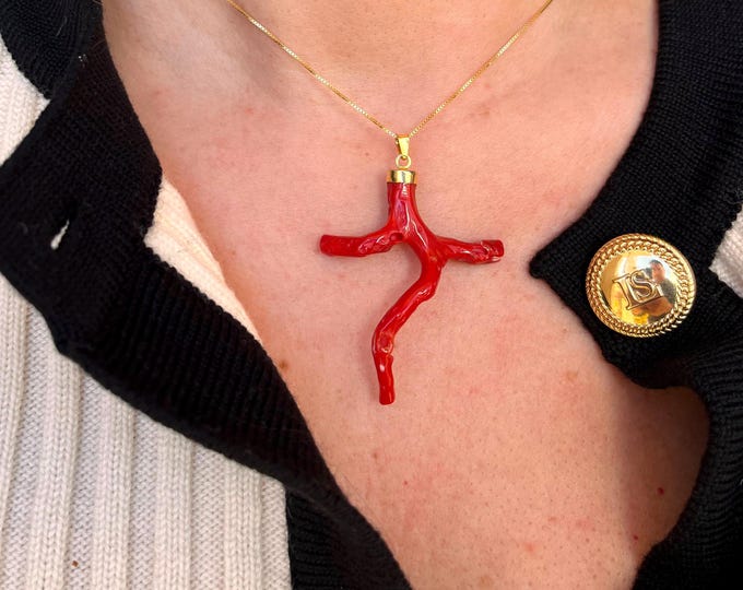 Red coral branch cross necklace, handmade, Italian crafted pendant, faith jewelry