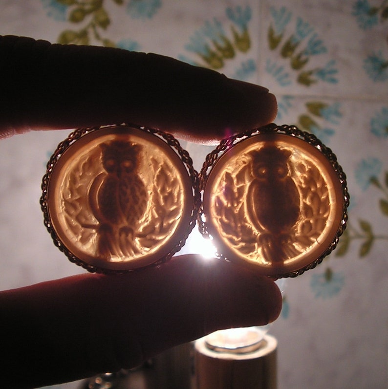 May include: Two gold-toned metal brooches with a cameo design featuring an owl in a wreath. The owls are carved in a light brown color.