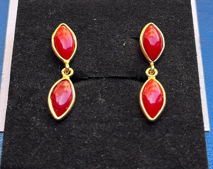 Handmade coral dangle earrings, fire red natural coral, secure butterfly clasp
