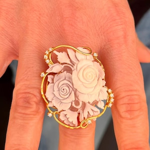 Vintage bague fleur camée coquillage fait main, bijoux de mariée