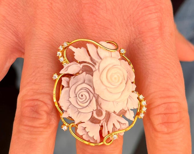 Vintage Handmade Shell Cameo Flower Ring, Bridal Jewelry