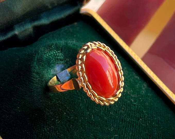 Sardinian red coral ring, real cabochon gem, handcrafted in Italy, adjustable band