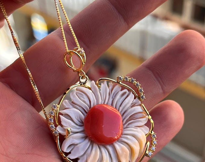 Italian artisan sunflower pendant, coral shell cameo, 18k gold