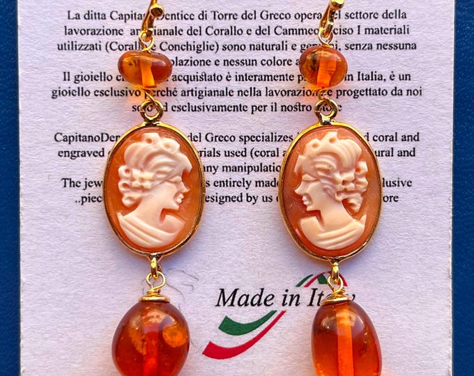 shell cameo amber drop earrings, Italian handmade, elegant dangle