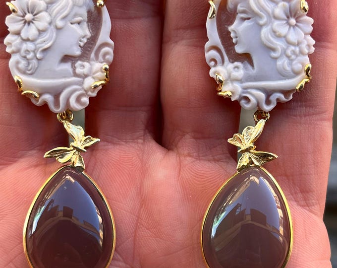 Handmade Cameo Chandelier Earrings, Smoke Tourmaline, Gold Vermeil, Clip-On