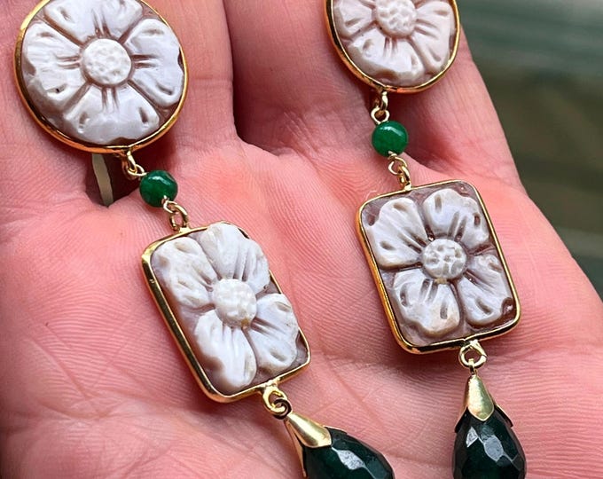 Handmade Earrings, Shell Cameo Flowers, Unique Gift, Elegant Woman Jewelry, Exclusive Design, Classy Accessory