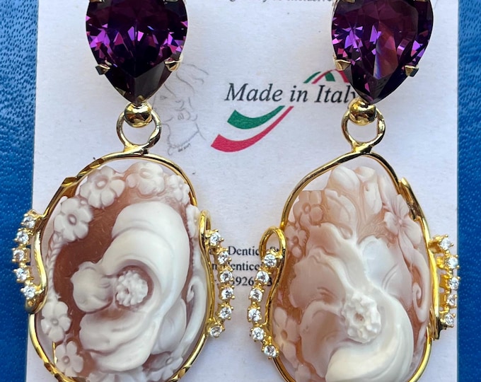 Handmade cameo earrings, hand-carved natural shell, made in Italy, gold, statement drop