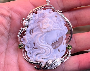 ninfa tra i fiori cammeo in conchiglia italiano, fatto a mano in Italia, stile vittoriano argento sterling 925