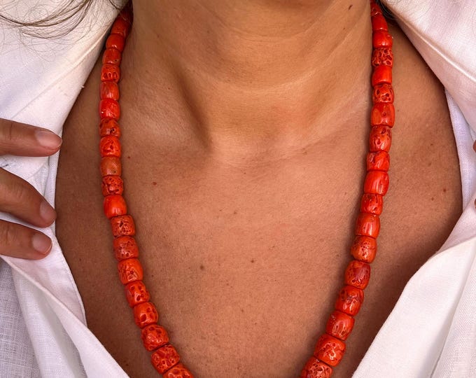 Genuine Coral Bead Necklace: Vintage Italian Jewelry, 60cm