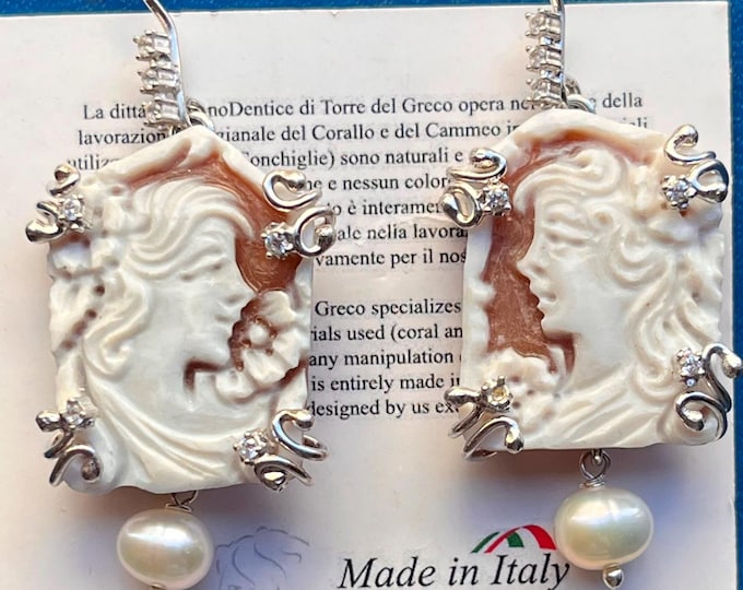 Natural Pearl Cameo Drop Earrings, Italian artisan jewelry, genuine gems