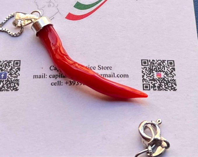 Genuine Red Coral Italian Horn Necklace - Lucky Neapolitan Cornicello Charm in 18K Gold Plated 925 Sterling Silver