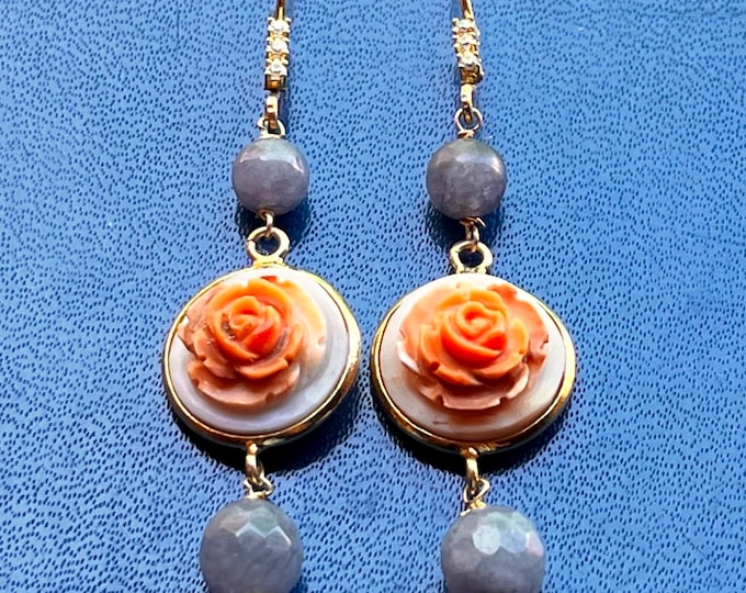 london smoke tourmaline Floral Cameo Drop Earrings, Made in Italy, Bridal Jewelry, Flower Jewelry, Glam Earrings, Custom Gift for Her