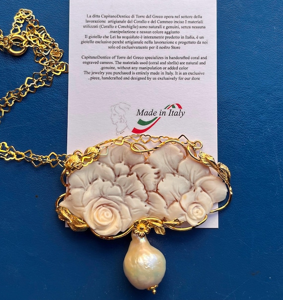 Hand Carved Floral Cameo Necklace | Baroque Pearl, 24K Gold