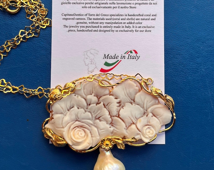 Hand Carved Floral Cameo Necklace | Baroque Pearl, 24K Gold