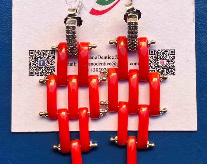 Mediterranean Red Coral Dangle Earrings in 925 Silver, Crystal Hoop Top, Italian Artisan Jewelry, 40mm Drop
