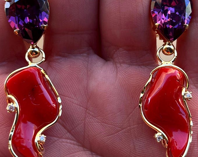 Genuine coral and amethyst-color quartz earrings, elegant gold plated drops