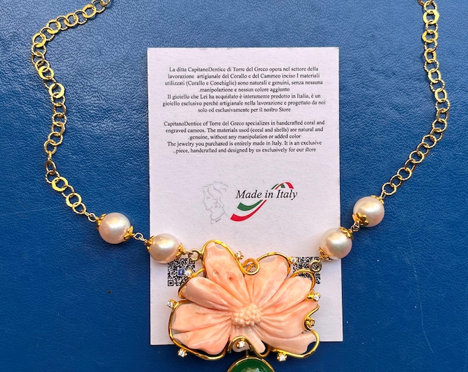 Pink coral flower necklace, handcrafted in Italy, chrysoprase drop, pearl accents, gold plated