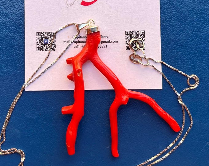 Natural red coral branch pendant, handmade in Italy, sterling silver bail