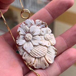 Handskuret snäckskal-prästkrage-cameo-hänge, 18k guld sterlingsilver, italienska blommiga smycken bild 16
