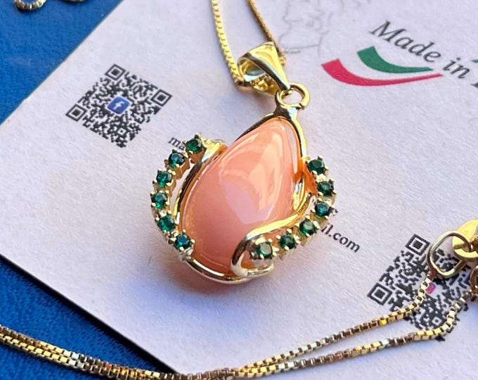 Angel skin coral drop pendant, emerald accents, 18k gold, handmade in Italy