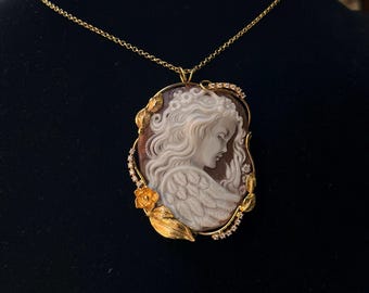 Hand-Carved Shell Cameo Pendant, 18k Gold, Made in Italy