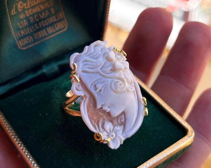 Hand Carved Shell Cameo Ring – 18K Gold Vermeil, Green Tourmaline, Italian Art