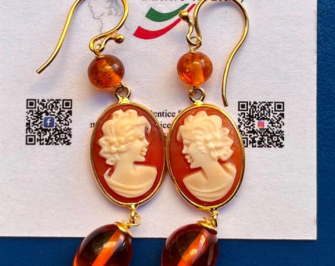 Handmade Cameo Drop Earrings, Baltic Amber, Gold Plated Sterling Silver