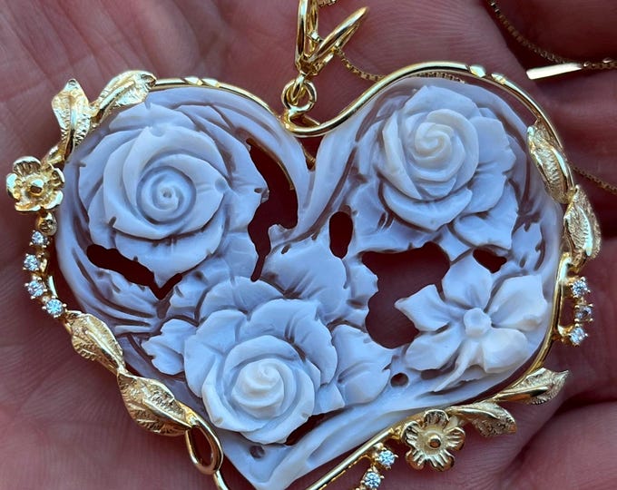 Handmade Floral Shell Cameo Love Pendant - Italian Bridal Jewelry