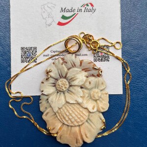 Handskuret snäckskal-prästkrage-cameo-hänge, 18k guld sterlingsilver, italienska blommiga smycken bild 2