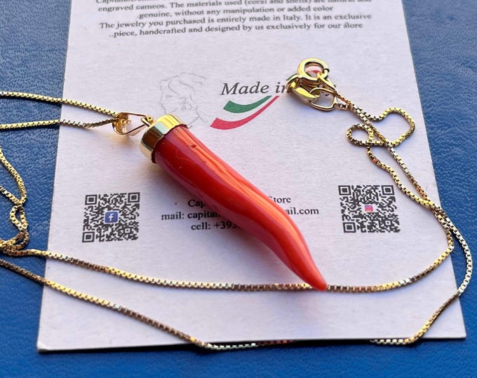 Corno Amuleto Corallo, Cornetto Portafortuna, Gioiello Fortuna, Collana Corallo, Regalo Unico, Girocollo Corallo