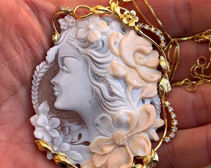 One of a Kind Hand Carved Cameo -  Gold 18k - Floral Woman Portrait - Italian Style Statement Necklace - Big 55mm