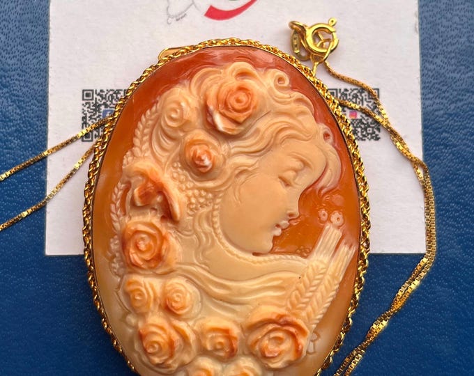 Handcrafted carved cameo pendant brooch, shell relief, Made in Italy, elegant jewelry