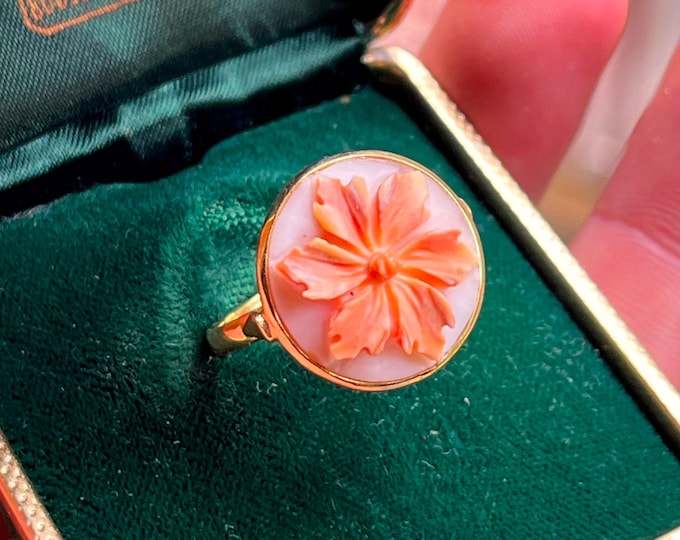Gold 18k Cameo Ring, Handmade Ring with Flowers, Unique Graduation Gift, Mother's Day Jewelry, Gift Idea