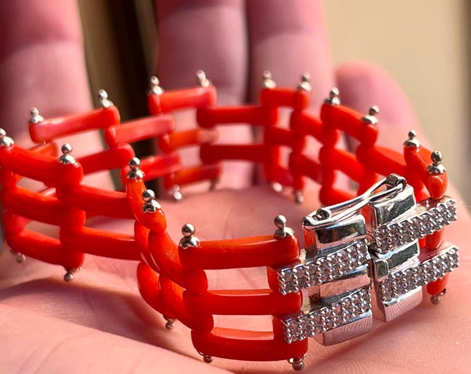 Elegant Jewel Coral Bracelet, Handmade Red Coral, Cartier Mesh Design, Exclusive Style Jewelry, Fashion Accessory