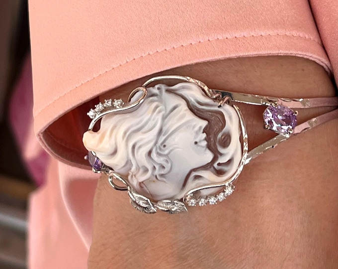 Hand Carved Shell Cameo Bracelet: 925 Sterling Silver, Floral Jewelry
