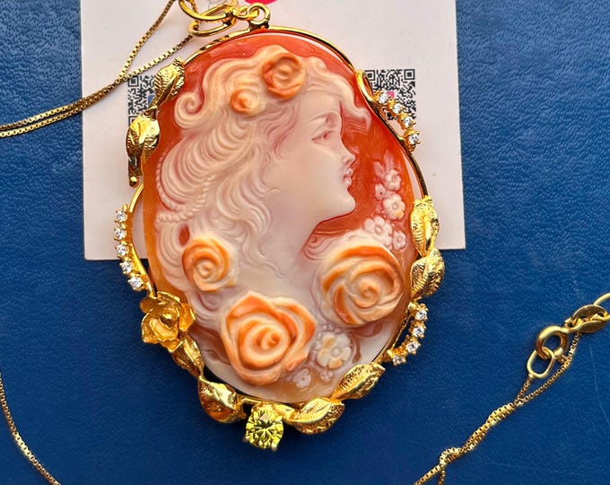 Handmade Italian shell cameo necklace, woman amid roses, gold tone, retro style