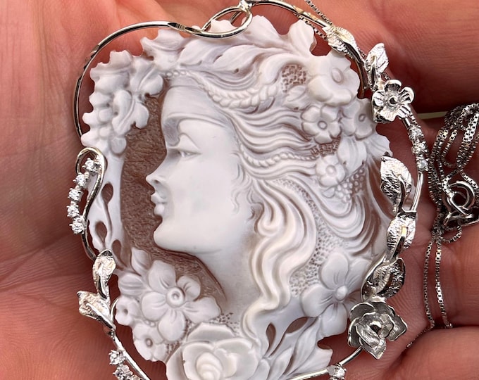 Large Hand-Carved Shell Cameo Necklace 60x45mm – 925 Sterling Silver Platinum-Plated Pendant – Victorian Style Handmade Gift for Her