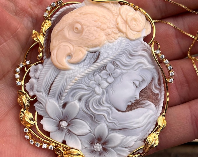 Hand Carved Cameo Pendant Necklace: Sardonic Shell, 925 Rose Silver