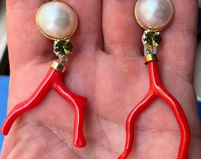 pearl coral drop earrings, red branch dangle, gold tone setting, bold earrings
