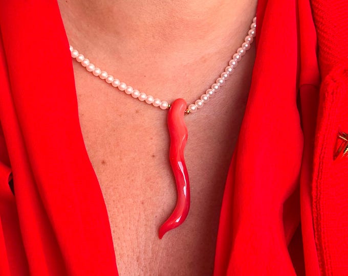 Red Coral Horn Pearl Necklace, Italian Good Luck Talisman