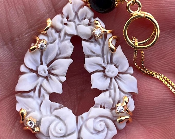 Hand Carved Shell Cameo Pendant – Floral Drop 35mm, 18K Gold Vermeil 925 Silver, Black Onyx & Crystals, Made in Italy