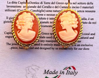 Orecchini in oro 18 carati con cammeo in conchiglia intagliato a mano, gioielli artigianali italiani, orecchini pendenti con profilo ovale da donna, regalo di lusso per lei